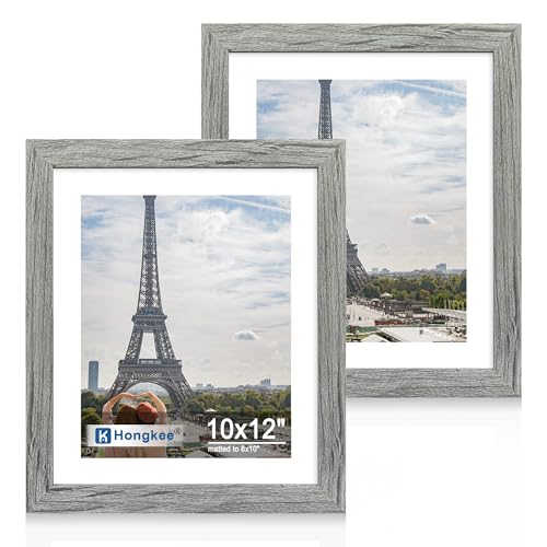 Hongkee 10x12 Picture Frame Set of 2, Made of Real Glass and Grey Wooden Frame - Display Pictures 8x10 with Mat or 10x12 Without Mat, 10 by 12 Photo for Wall or Tabletop - color: Grey, size: 10X12 in