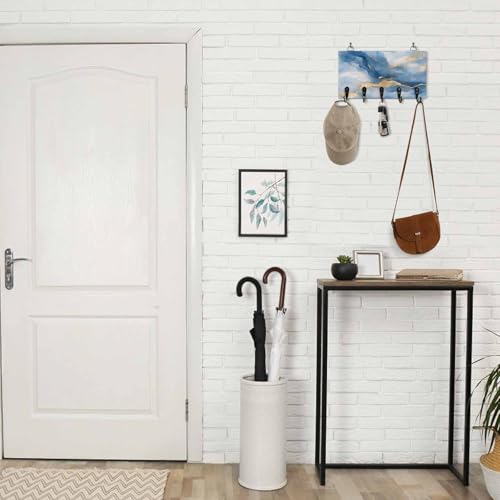 Key Holder for Wall Blue Marble Decorative Hanging Key Rack Wall Mount with 5 Hooks Golden Ripple Abstract Art Organizer Wall Decor for Entryway Front Door Kitchen 9.4x5in