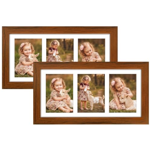 Golden State Art Collage Frame 7x14 Matted 3 4x6 Photos Wood Brown, 2 Pack | Clear Real Glass and White Mat, Horizontal & Vertical Display Multi Pictures For Gallery Wall, Home Decor & Holiday Gift - color: Brown With White Mat, size: 2 Pack