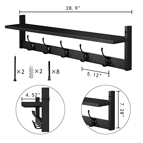 AMBIRD Wall Hooks with Shelf Entryway Hanging Wood Coat Hooks with Shelf Wall-Mounted Coat Hook Rack with 5 Dual Hooks for Bathroom, Living Room, Bedroom (Stylish Black) - size: 28.9inch, style: Stylish