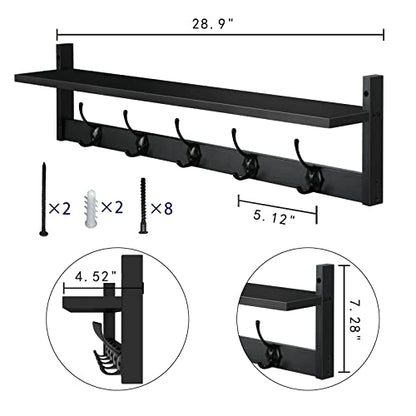 AMBIRD Wall Hooks with Shelf Entryway Hanging Wood Coat Hooks with Shelf Wall-Mounted Coat Hook Rack with 5 Dual Hooks for Bathroom, Living Room, Bedroom (Stylish Black) - size: 28.9inch, style: Stylish
