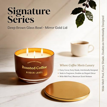 Hidden Label Roasted Coffee Candle, 18oz 3-Wick Soy Wax, 75H Aromatherapy | Long Lasting Burn | Strong Hot & Cold Throw | Non Toxic Plant Based | Kitchen & Office Decor | Gift Ready - color: Roasted Coffee