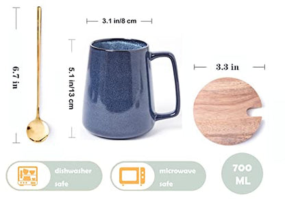 Large Ceramics Coffee Mugs,24 OZ,With Spoon And Wooden Lid,For Coffee,Tea,Cocoa,Large Handle Design,Microwave And Dishwasher Safe(Color:24 oz blue set) - color: 24 oz blue set