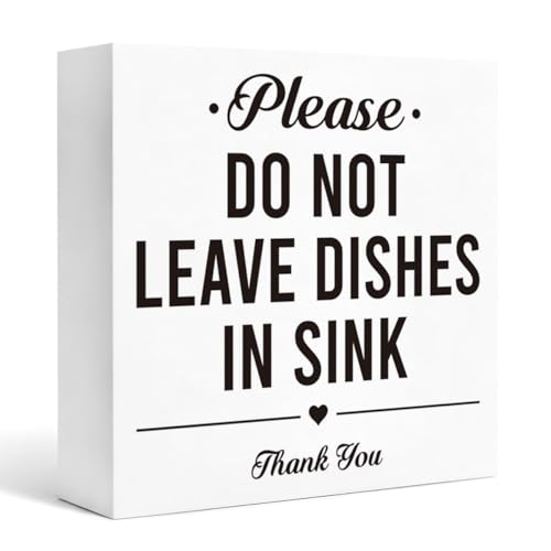 Kitchen House Rules Sign White Wooden Box Block Plaque, Do Not Leave Dishes in Sink Farmhouse Shelf Tabletop Decor for Apartment Rental Home 5x5 Inches - color: Homre Sign 27
