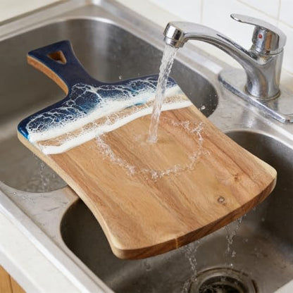 Cutting Board for Kitchen – 14.2" x 8.3" Wooden Serving Board with Handle for Steak Bread Cheese & Fruits – Blue ocean Resin Chopping Board, Easy to Clean - color: Blue