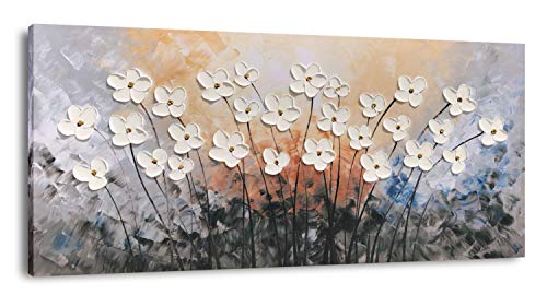 Yihui Arts Hand-Painted Oil Painting on Canvas Textured White Floral Wall Art Modern Horizontal Decor for Living Room Bedroom Office - color: Flower Artwork, size: 40"L x 20"W