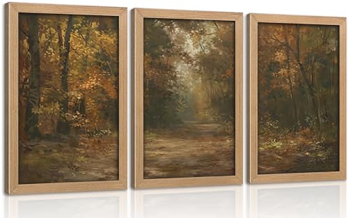Framed Autumn Scenery Wall Art Set, Rustic Nature Forest Painting Canvas Prints, Woodland Path in Fall Colors Landscape Wall Decor, Trees Leaves Trail Poster Artwork for Office Living Room Bedroom - color: trails, size: 24"Lx16"W