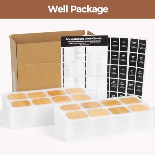 ComSaf Glass Spice Jars with Labels 4 oz 6 Pack Small Square Bamboo Lids | Empty Containers, Seasoning Herbs Powders, Salt Pepper Chili, Kitchen Cabinet Storage Starter Set, Dry Goods