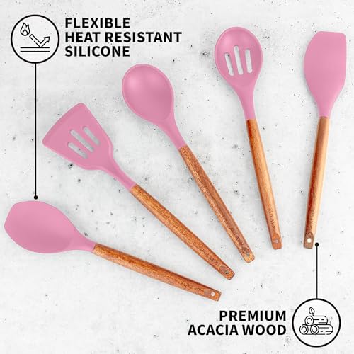 Zulay Kitchen 5 Piece Silicone Utensil Set | Non-Stick Silicone Cooking Utensils Set with Acacia Wood Handles - 464°F Heat Resistance Kitchen Utensils Set - Pink - color: Pink, size: 5-Piece Set