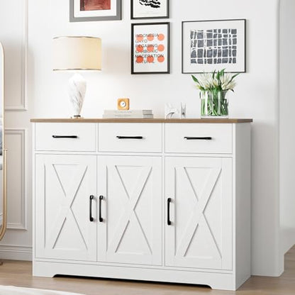 HOSTACK Kitchen Buffet Cabinet with Storage, Sideboard Coffee Bar, White | Farmhouse Kitchen Storage Cabinet with 3 Drawers & Adjustable Shelf, 42.5"W Buffet Table for Dining Living Room - color: White