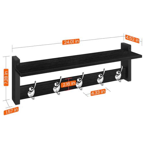 Coat Rack Wall Mount with Shelf, 24" Long Entryway Shelf with Hooks Underneath, Wooden Coat Hanger for Hanging Hats, Bathroom Towels, Clothes, Black - color: Black, size: 24 Inch Long