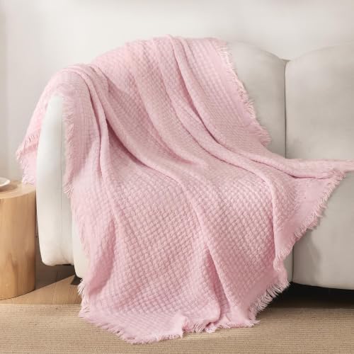 Exclusivo Mezcla Knit Throw Blanket with Fringes for Couch, Pink | 100% Acrylic Lightweight and Breathable Woven Throw for Summer, Super Soft Decorative Blanket with Tassel for Sofa, 50"x60" - color: Pink, size: Throw (50"x60")