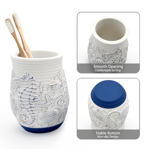Beach Theme Bathroom Accessory Sets 4PCs Bathroom Set Complete Embossed Seashell Starfish Design Includes Lotion Dispenser Toothbrush Holder Tumbler Cup & Soal Dish - color: White With Blue, size: Soap Dish