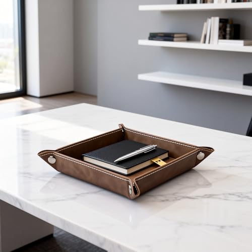 Valet Tray Desktop Storage Organizer – Vegan Leather Catchall Bedside Vanity Tray Nightstand Caddy Holder for Remote Controller, Watch, Keys, Phone, Wallet, Coin, Jewelry, Stone Brown - color: Stone Brown