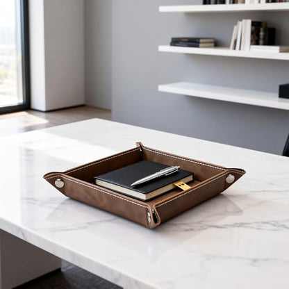 Valet Tray Desktop Storage Organizer – Vegan Leather Catchall Bedside Vanity Tray Nightstand Caddy Holder for Remote Controller, Watch, Keys, Phone, Wallet, Coin, Jewelry, Stone Brown - color: Stone Brown