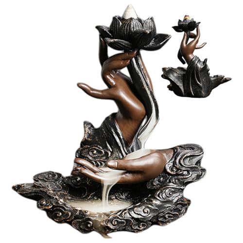 Backflow Incense Burner 7.1x3x6.4 Retro Lotus Waterfall Incense Holder with Buddhas Hand, Decorative Resin Burner for Teahouse, Meditation | Backflow