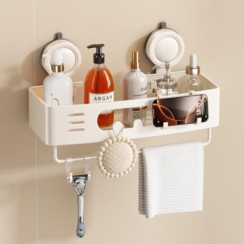 Voldra Shower Caddy Suction Cup, Shower Shelves for Inside Shower No Drilling, Aluminum Suction Showers Organizer for Wall with Towel Bar & Hooks Removable Bathroom Storage Rack(1 Pack-Cream White) - color: Cream White-Rectangle, size: 1 Pack