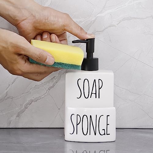 Ceramic Dish soap Dispenser with Sponge Holder Hand and Dish Soap Dispenser Set for Kitchen 2-in-1 Countertop Soap Pump Dispenser for Kitchen Sink, Useful Kitchen Gadgets - Modern Farmhouse White - color: White