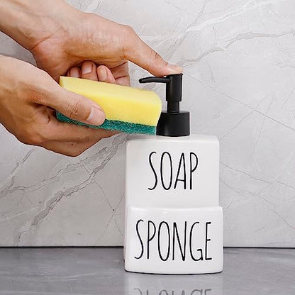 Ceramic Dish soap Dispenser with Sponge Holder Hand and Dish Soap Dispenser Set for Kitchen 2-in-1 Countertop Soap Pump Dispenser for Kitchen Sink, Useful Kitchen Gadgets - Modern Farmhouse White - color: White