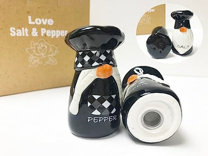 KARALIN Salt and Pepper Shaker Set,Ceramic Salt Pepper Shaker,Halloween | Farmhouse Salt Shaker,Seasoning Salt Set,Rustic Kitchen Decor Tabletop Accessories Chef Design Housewarming(Black & White)