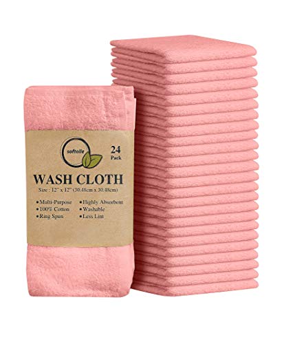100% Cotton Washcloths 24 Pack (12x12 Inches) Soft, Highly Absorbent Washcloth, Face Towels, Wash Cloths for Face, Ring Spun, Bulk Pack (Pink) - color: Pink, size: 24 Pack