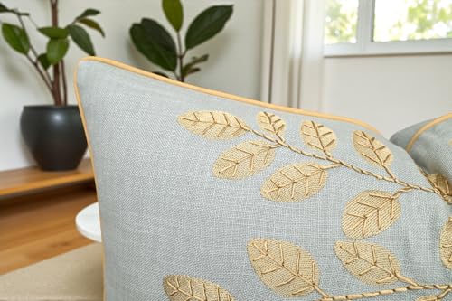 Rudransha Hand Embroidered Cotton Lumbar Pillow Cover - 12x20 Robin’s Egg Botanical Leaf Accent - Hazel Leaves - color: Robins Egg-hazel, size: 20" x 12" (Pack of 1)