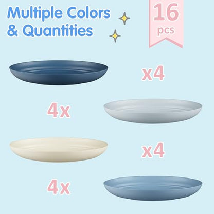Quatish 16 PCS Unbreakable Reusable Plastic Plates,8 inch Dishwasher & Microwave Safe Dinner Plate, Easy-to-Clean Lightweight,Portable for Kitchen & Picnics Wheat Straw Plates（Blue） - color: Blue