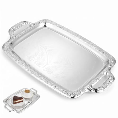 Metal Serving Tray, Silver Large Rectangular Antique Serving Platter, European Retro Style Tray for Cookies, Charcuterie, Snacks, Desserts, Fruit, Party Food (39. 00x23. 00x1. 70cm)