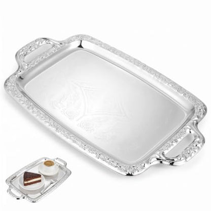 Metal Serving Tray, Silver Large Rectangular Antique Serving Platter, European Retro Style Tray for Cookies, Charcuterie, Snacks, Desserts, Fruit, Party Food (39. 00x23. 00x1. 70cm)