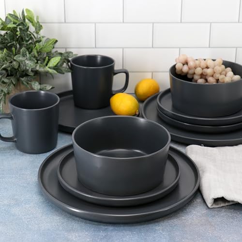 Elama Luxmatte Modern and Contemporary Stoneware Dinnerware Set in Matte, Service for 4 (16, Dark Gray) - color: Dark Gray