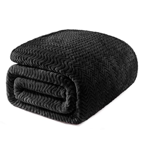 Exclusivo Mezcla Soft Fleece Blanket Queen Size for Bed, Sofa, Black | 90"x90" Breathable Lightweight Flannel Blanket for Summer, Plush Cozy Jacquard Wave for Home Decor - color: Black, size: Queen ( 90x90 IN )