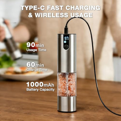 Electric Salt and Pepper Grinder Set, Rechargeable Salt and Pepper Mill | Adjustable Coarseness Easy Filling, LED Light, 120ml Large Capacity for Kitchen, Outdoors, Christmas Gift