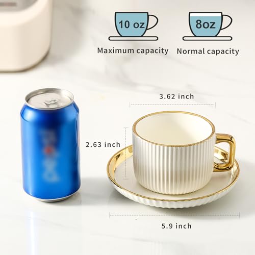 LETAOTAO Cappuccino Cups with Saucers, 8oz Ceramic Coffee Cups with Saucers Set, Latte Art Coffee Mugs with Gold Trim, Tea Cups Set of 4, British/Italian Coffee cups for Cafe Mocha, Double Espresso - size: 8 Ounces