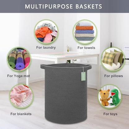 Cotton Rope Blanket Basket, 72L Tall Laundry Hamper, Dark Gray | 16"x 22", Large Collapsible Woven Nursery Hamper with Sturdy Handles for Clothes Toys Towels, Bedroom Living Room Bathroom - color: Dark Gray, size: 72L (16"x22")