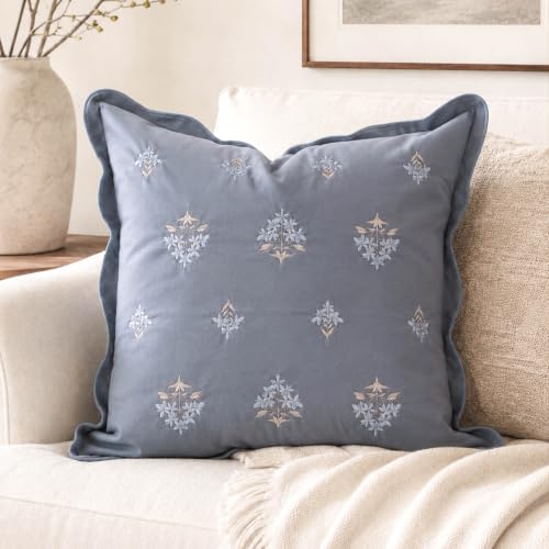 BlissBlush Throw Pillow Cover 20x20, Coastal Blue Blue Velvet Decorative Pillow Cover, Dusty Blue Floral Accent Cushion Cover with Embroidery and Scalloped Edge for Couch Sofa Bed, Cover ONLY - color: Dusty Blue, size: 20" x 20" (Pack of 1)