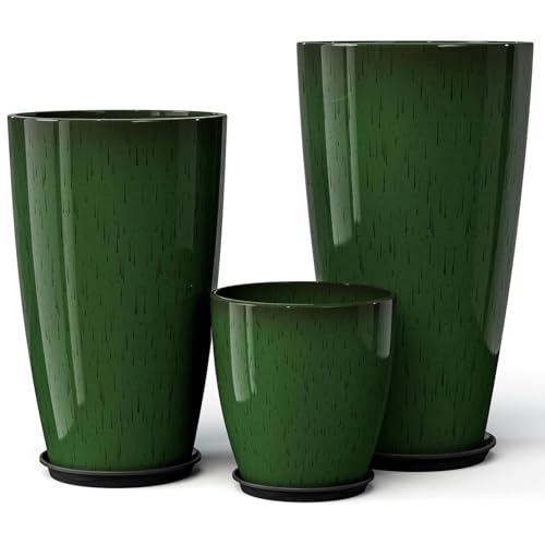 QCQHDU 24,21,11 inch Large Planters with Drainage Hole & Saucer, Set of 3 Plant Pots Tall Planter for Indoor & Outdoor Plants Home Modern Decor - color: Green, size: 24,21,11 inch