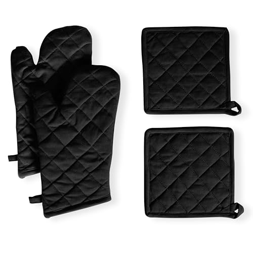 Native Fab Pot Holders and Oven Mitts Sets for Kitchen Heat Resistant - Hanging Non-Slip - 100% Cotton Kitchen Oven Mitts and Pot Holders 4-Piece Set - Black - color: Black