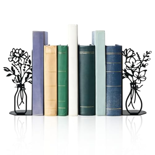 Flower Metal Book Ends Black Heavy Duty Decorative Bookends for Shelves | Cute Book Ends for Desk Home Office Unique Book Stopper Ideal Gift for Book Lovers Birthday & Holiday Housewarming Gifts - color: Black Flower