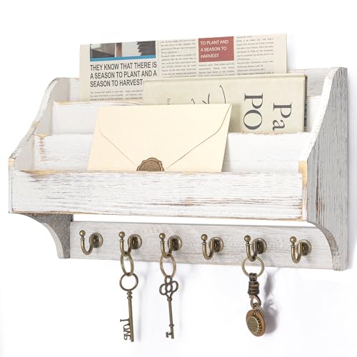 Rebee Vision Mail Organizer Wall Mounted with 6 Hooks for Office, Whitewash | Pine Wood, Key Holder Wall Mount, 3-Tier Mail Holder, File Organizer, Mail Storage, Apartment Aesthetic - color: Whitewash