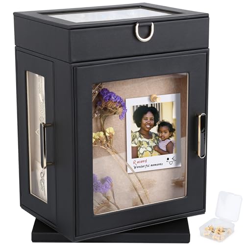 Kendal 360° Rotating Jewelry Box - Black PU Leather Jewelry Organizer with Shadow Box & Pinboard, Detachable Top Tray, Drawers & Push Pins for Personalized Accessory Display & Storage - color: Classic Black