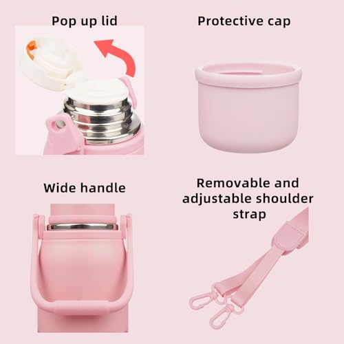 BJPKPK Stainless Steel Insulated Bottle with Handle & Strap, 27oz | Leak-proof vacuum insulation keeps drinks cold/hot for hours. BPA-free, dishwasher safe. Includes handle & strap. Light Pink. - color: Light Pink, size: 27 Ounces