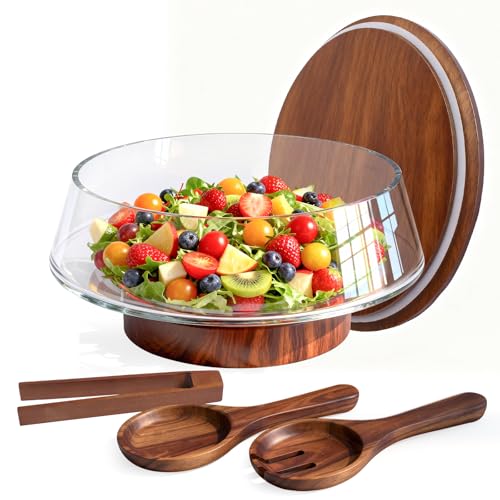 Extra Large Glass Salad Bowl with Lid Set, 5-Qt (160 fl oz) Mixing/Serving Bowl with Wood Base & Salad Servers, Trifle Bowl for Kitchen, Parties & Christmas