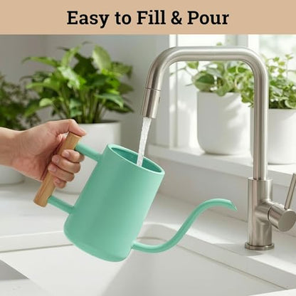 Metal Small Indoor Watering Can with Long Spout & Real Wood Handle, 35oz | Long Spout, Stainless Steel, Real Wood Handle, Gentle Flow, No Spills, Suitable for House Plants, Succulents & Seedlings - color: Mint Green