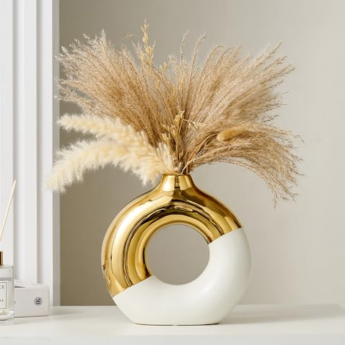 FJS White and Gold Decorative Vase, Round Vase Centerpiece for Table Decor | Ceramic White and Gold Vase for Pampas Grass, 8" L x 8" H Round Centerpiece for Living Room Decor, Coffee Table, Shelf Decor - color: White & Gold, size: Large(8" L x 8" H)
