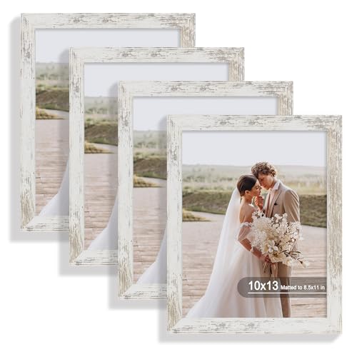 Hongkee 10x13 Picture Frame Set of 4, Made of Real Glass and Distressed White Frame, 10 by 13 Photo for Wall or Tabletop - Display Picture 8.5x11 with Mat or 10x13 Without Mat - color: Distressed White, size: 10x13 in