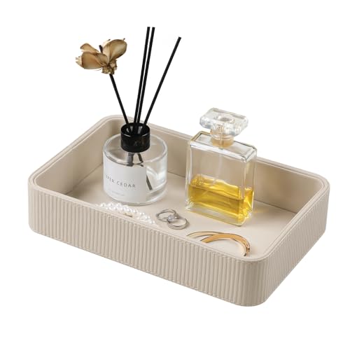 Valet Tray Organizer Bedside Nightstand Organizer Desk CatchallTray | PU Leather, Soft Lining, Larger Size, Decorative Modern Design, Aesthetic Stripes, Waterproof And Stain-Resistant - color: Beige