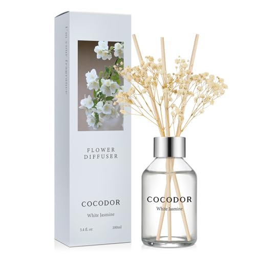 COCODOR Flower Reed Diffuser Set / 3.4oz / White Jasmine/Scent Diffuser with Sticks Home Fragrance Reed Diffuser for Bathroom Shelf Decor - size: Flower/3.4Ounce