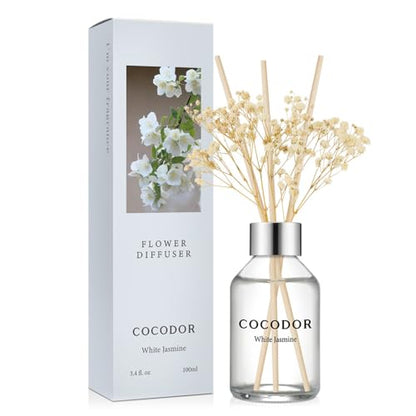 COCODOR Flower Reed Diffuser Set / 3.4oz / White Jasmine/Scent Diffuser with Sticks Home Fragrance Reed Diffuser for Bathroom Shelf Decor - size: Flower/3.4Ounce