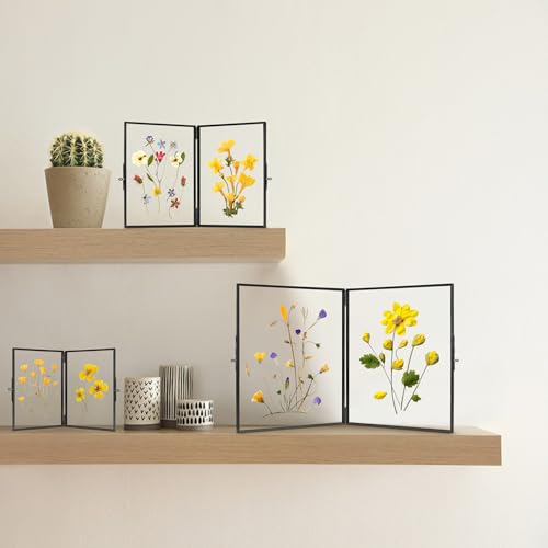 REDHUGO Glass Pressed Flower Frame Handmade, Rectangle, Black, 5×7 Inches | Hinged Double Press Flower Frame, Tabletop Brass Photo Frames, Rectangle Dried Flowers Display Folding Frames for Home - color: Black, size: 5L" x 7W"