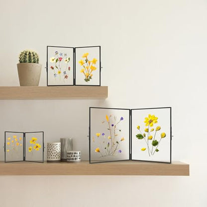 REDHUGO Glass Pressed Flower Frame Handmade, Rectangle, Black, 5×7 Inches | Hinged Double Press Flower Frame, Tabletop Brass Photo Frames, Rectangle Dried Flowers Display Folding Frames for Home - color: Black, size: 5L" x 7W"